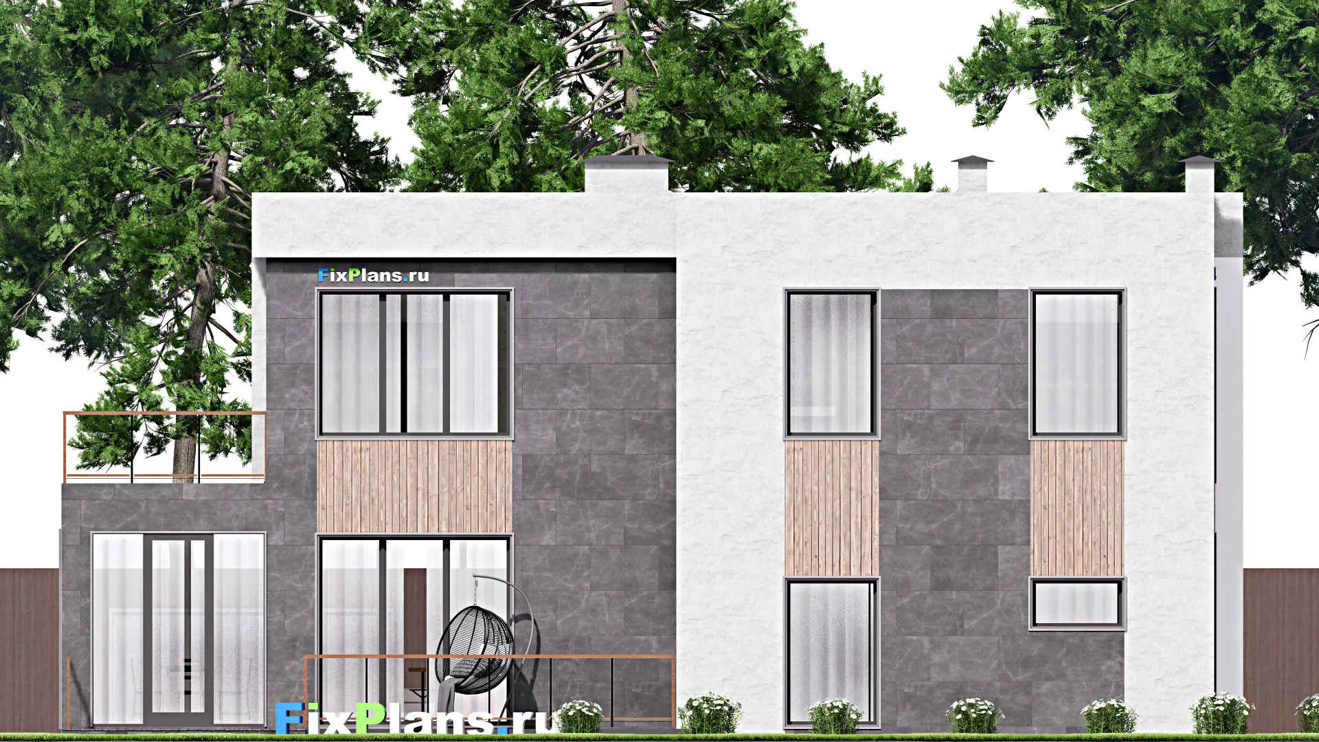 F-12689 - Проект двухэтажного дома 13 на 17, площадью 300 м² с террасой, балконом, баней и 5 спальнями