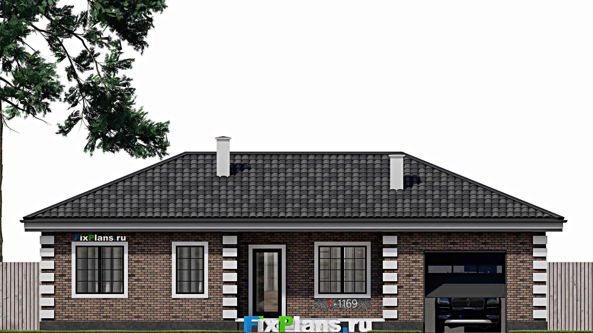 F-1169 - Проект одноэтажного дома 9 на 16, площадью 120 м² с террасой, гаражом на 1 машину и 2 спальнями