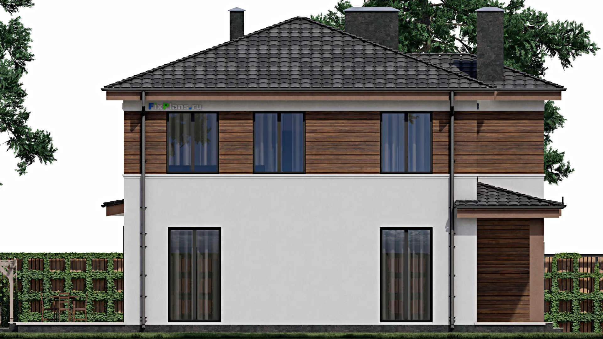 F-0530 - Проект двухэтажного дома 12 на 13, площадью 220 м² с террасой, гаражом на 1 машину и 4 спальнями