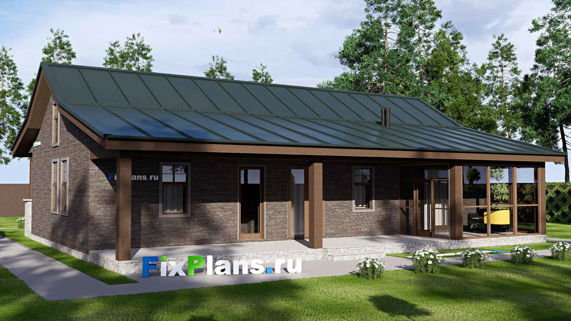 F-20717 - Проект одноэтажного дома 15 на 17, площадью 210 м² с террасой и 3 спальнями