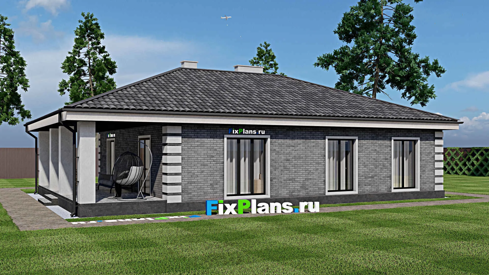 F-1628 - Проект одноэтажного дома 14 на 14, площадью 160 м² с террасой и 3 спальнями