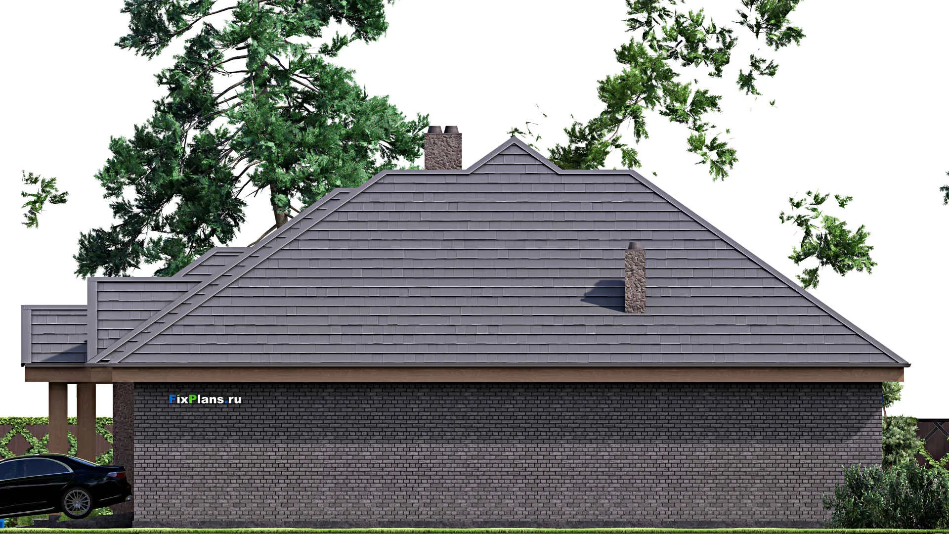 F-16955 - Проект одноэтажного дома 18 на 20, площадью 260 м² с террасой, гаражом на 2 машины и 3 спальнями