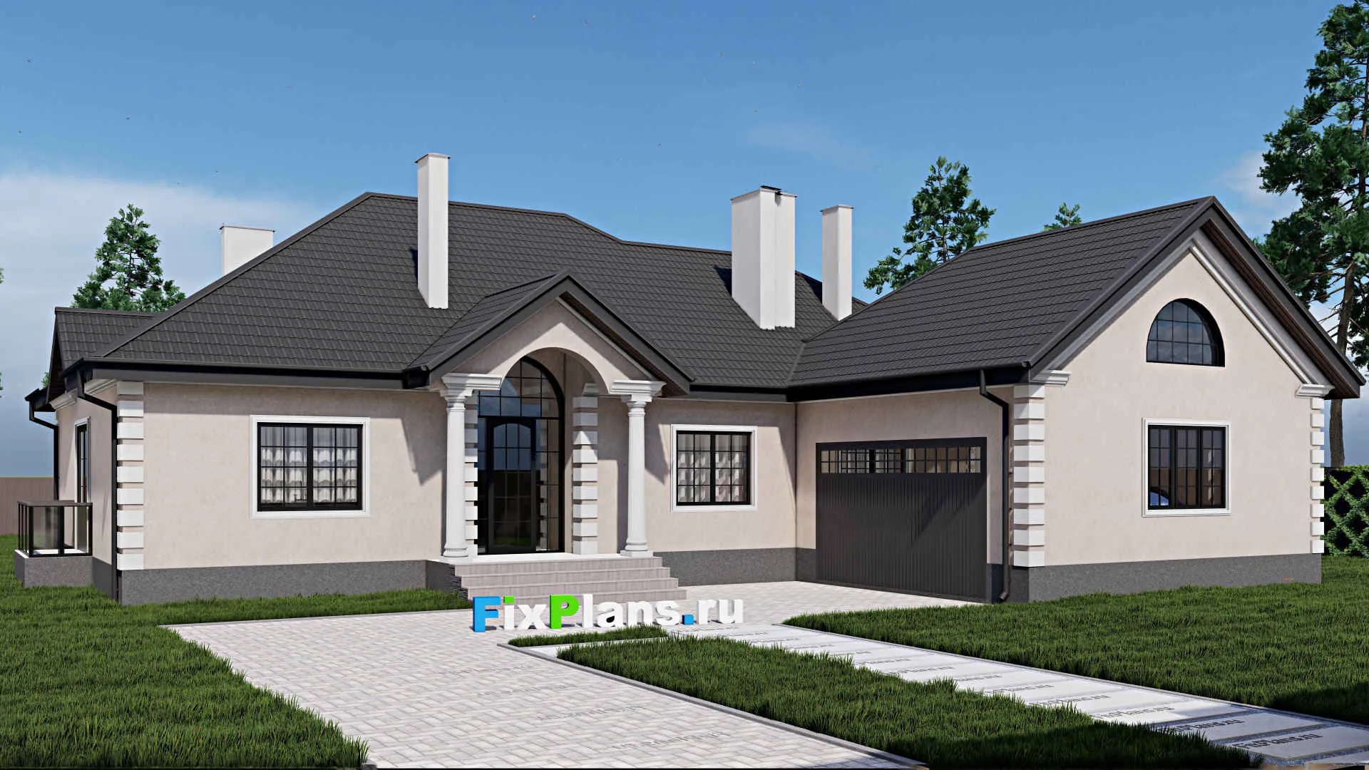 F-0179 - Проект одноэтажного дома 18 на 21, площадью 280 м² с террасой, гаражом на 2 машины и 1 спальнями