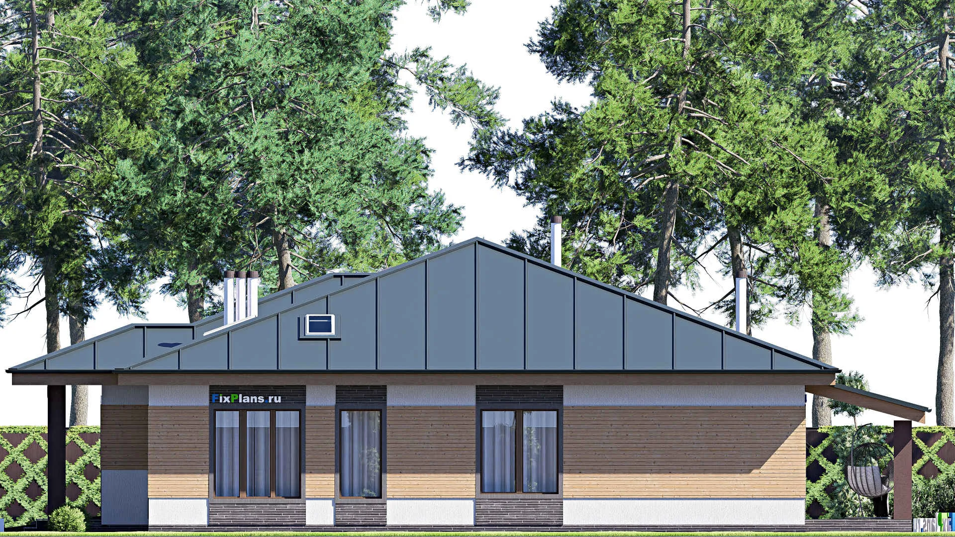 F-20483 - План одноэтажного дома 16 на 20, площадью 230 м² с террасой, гаражом на 2 машины и 3 спальнями