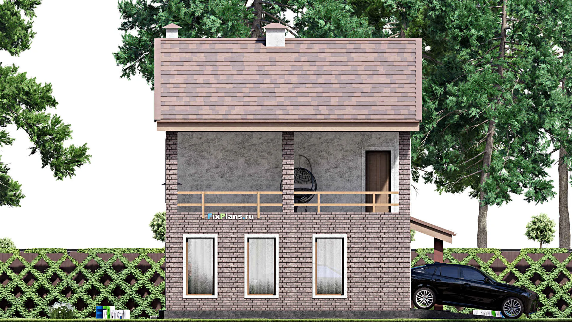 F-14255 - Проект двухэтажного дома 10 на 10, площадью 140 м² с балконом, баней, гаражом на 1 машину и 2 спальнями