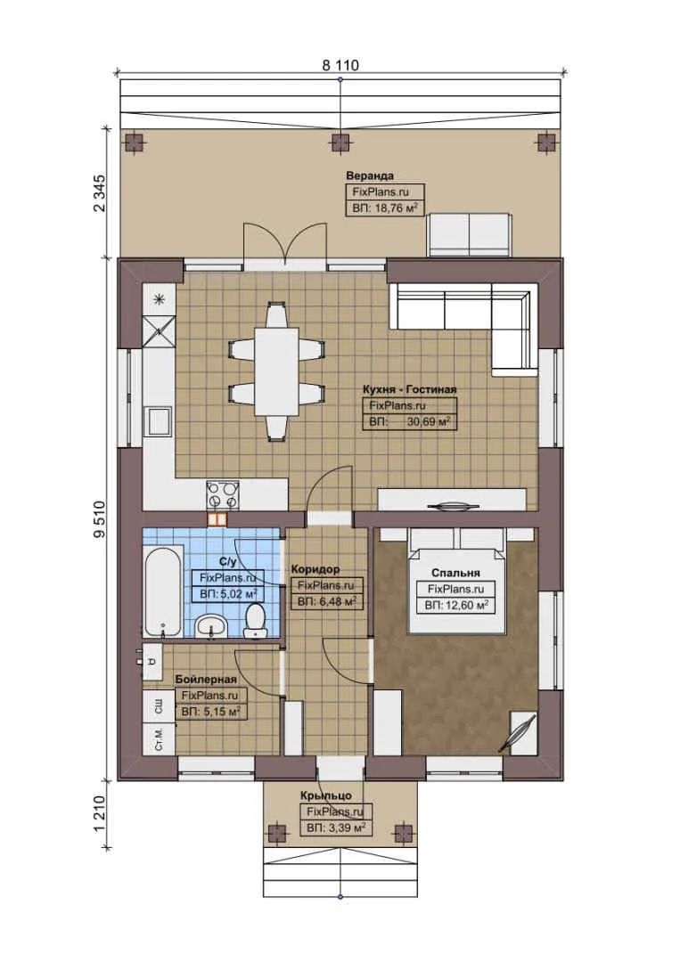 F-1016 - План одноэтажного дома 9 на 10, площадью 90 м² с террасой и 1 спальнями