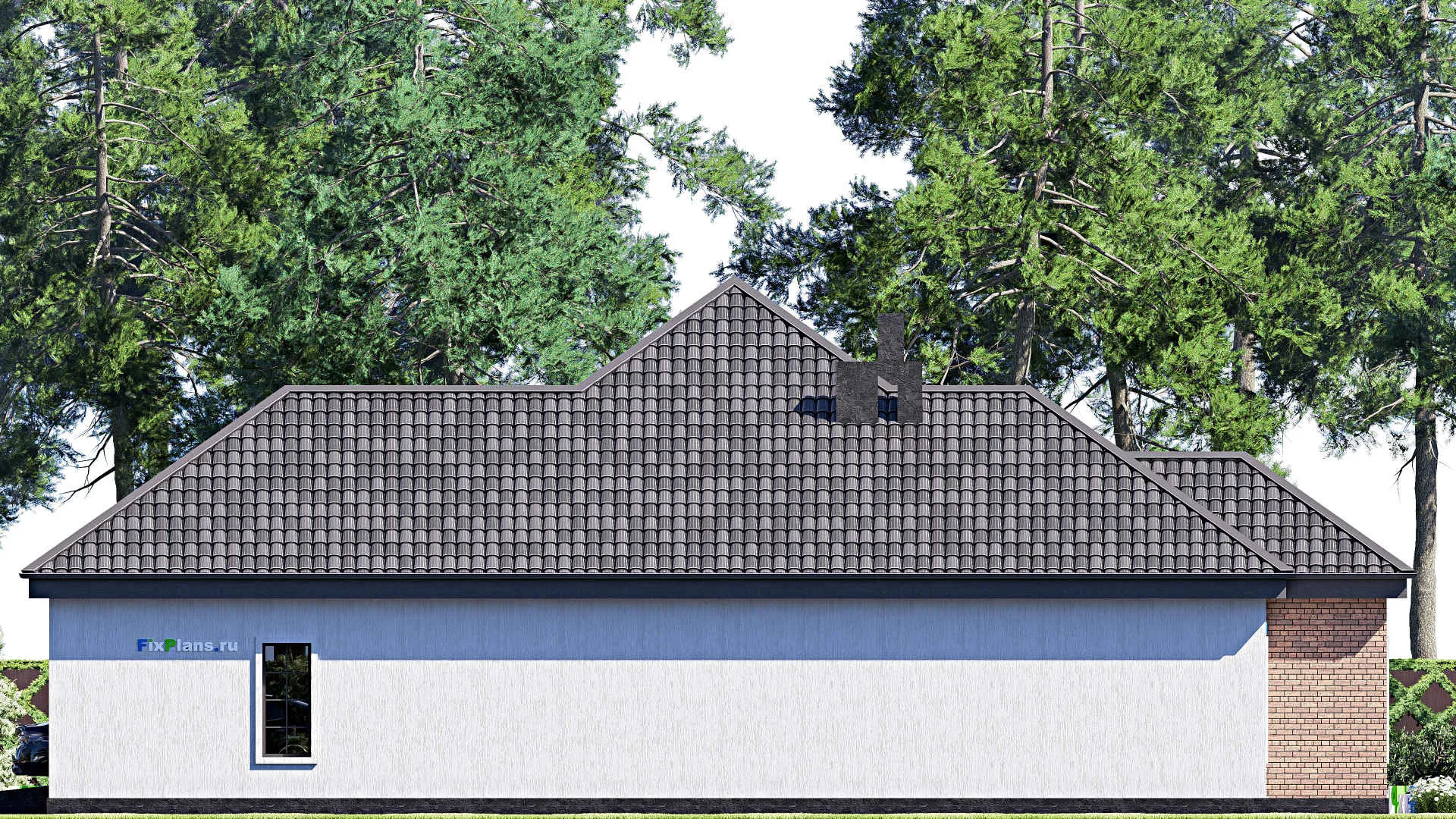 F-17099 - Проект одноэтажного дома 17 на 21, площадью 220 м² с террасой, гаражом на 2 машины и 3 спальнями