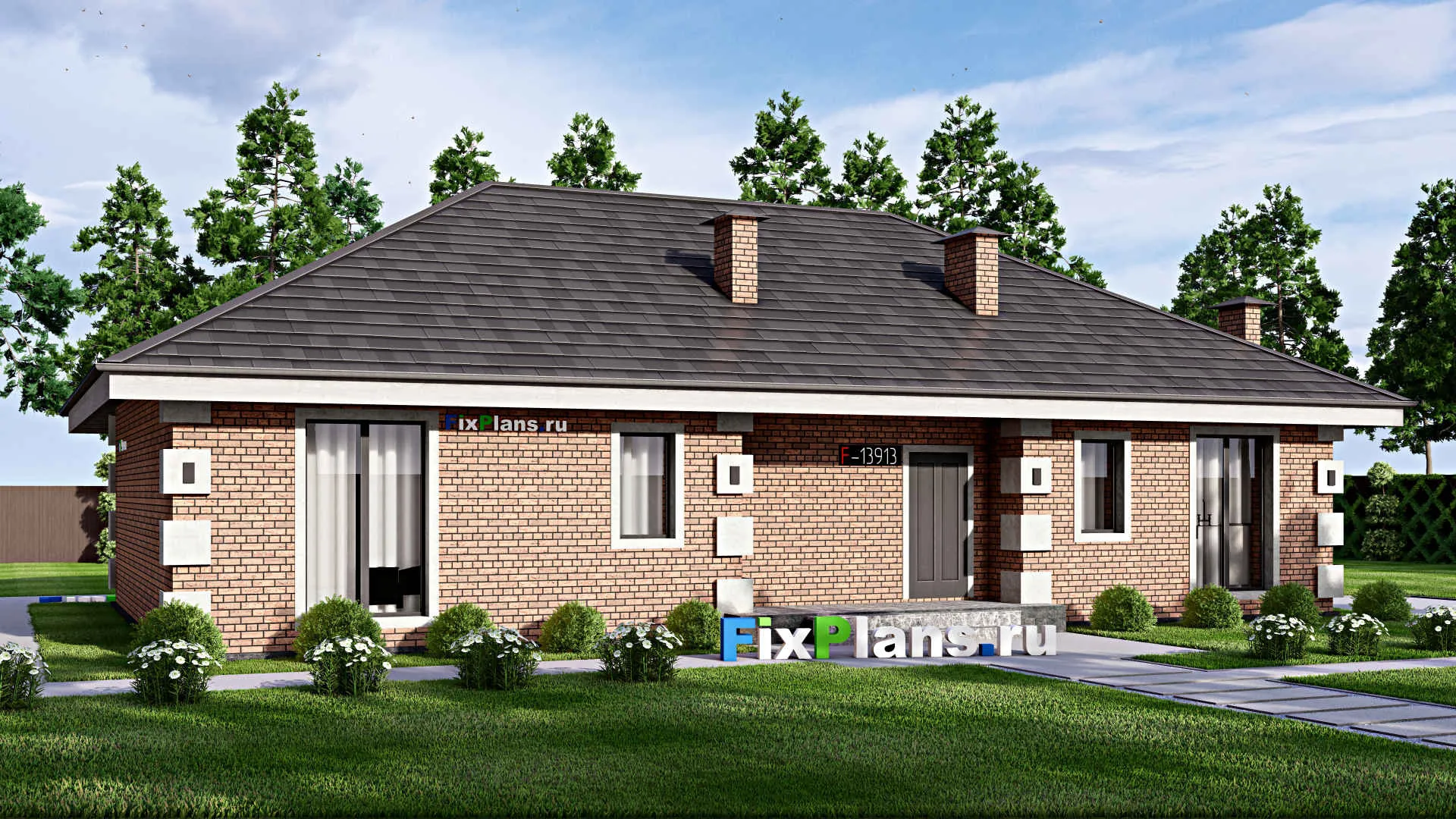 F-13913 - Проект одноэтажного дома 15 на 17, площадью 160 м² с террасой и 4 спальнями