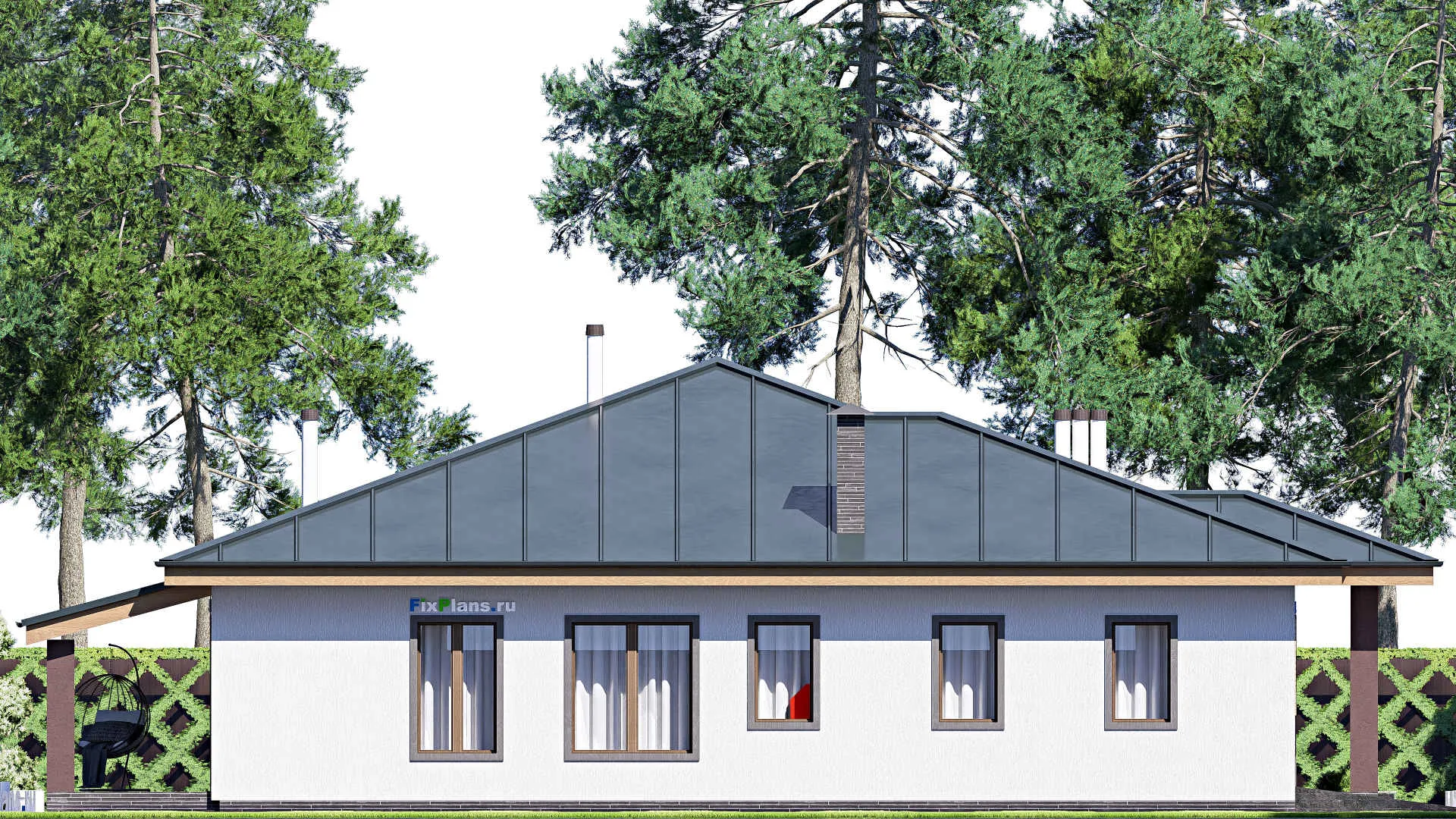 F-20483 - План одноэтажного дома 16 на 20, площадью 230 м² с террасой, гаражом на 2 машины и 3 спальнями