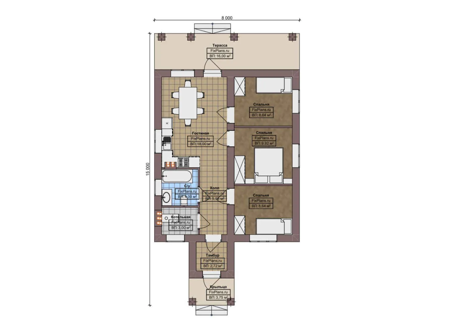 F-11357 - План одноэтажного дома 8 на 15, площадью 80 м² с террасой и 3 спальнями