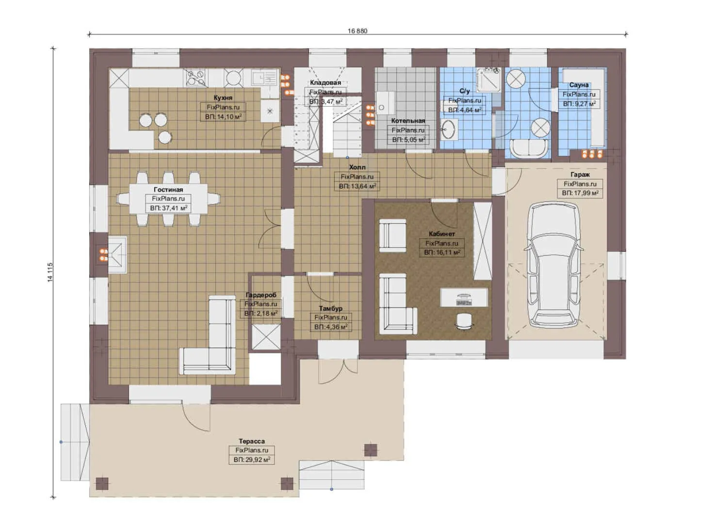 F-9521 - Планы двухэтажного дома 15 на 17, площадью 290 м² с террасой, балконом, баней, гаражом на 1 машину и 3 спальнями