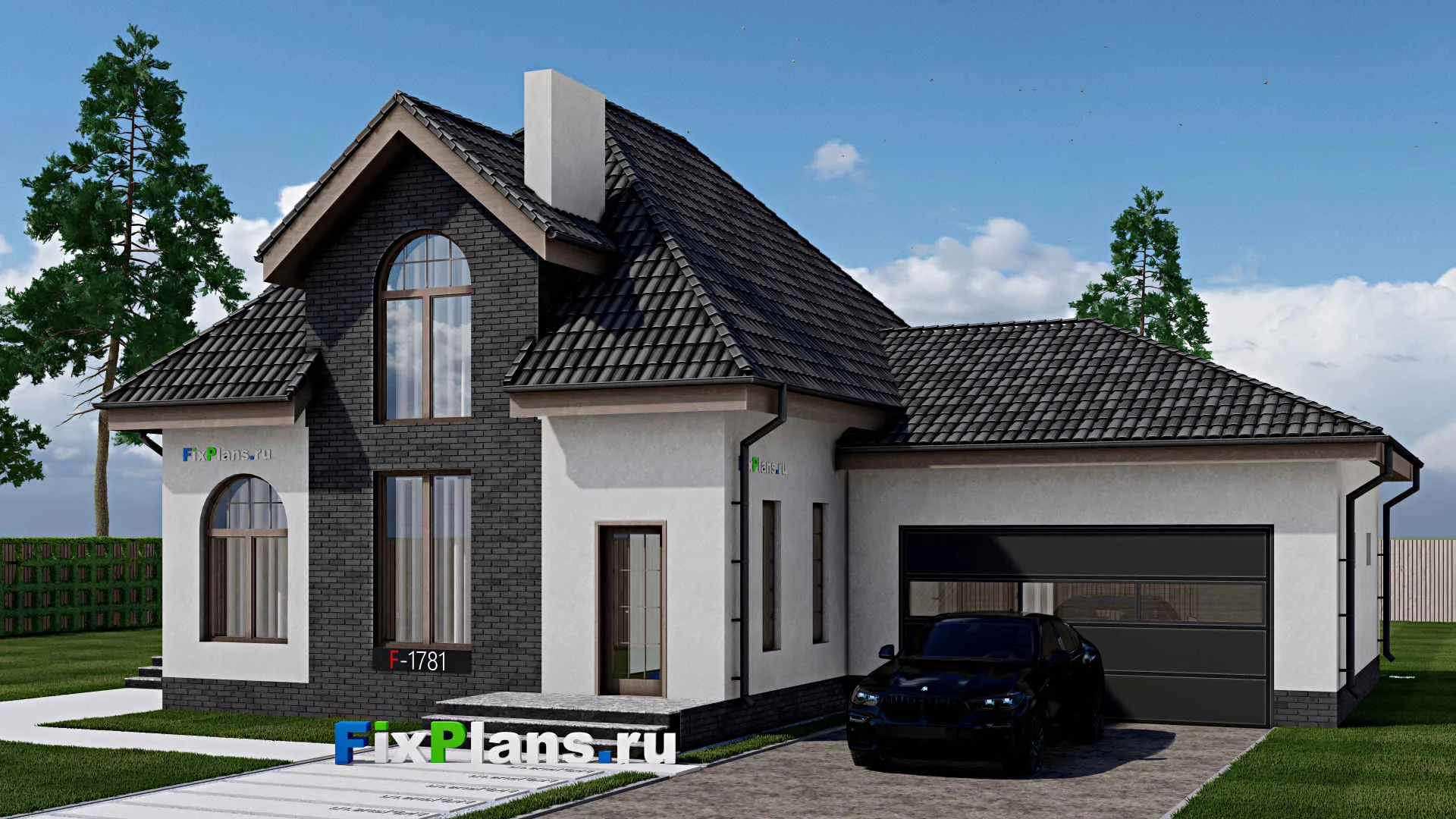 F-1781 - Проект дома с мансардой 12 на 16, площадью 190 м² с террасой, гаражом на 1 машину и 2 спальнями