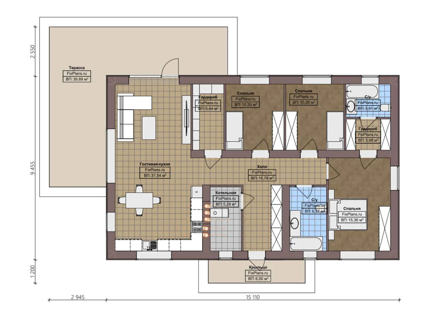 F-3500 - План одноэтажного дома 10 на 16, площадью 160 м² с террасой и 3 спальнями
