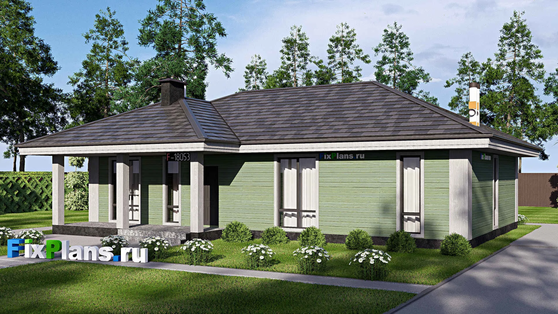 F-18053 - Проект одноэтажного дома 11 на 15, площадью 120 м² с террасой и 3 спальнями
