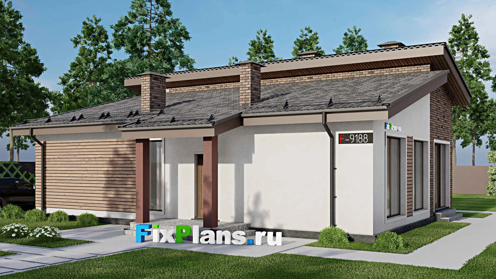 F-9188 - Проект одноэтажного дома 12 на 14, площадью 110 м² с террасой, баней и 2 спальнями