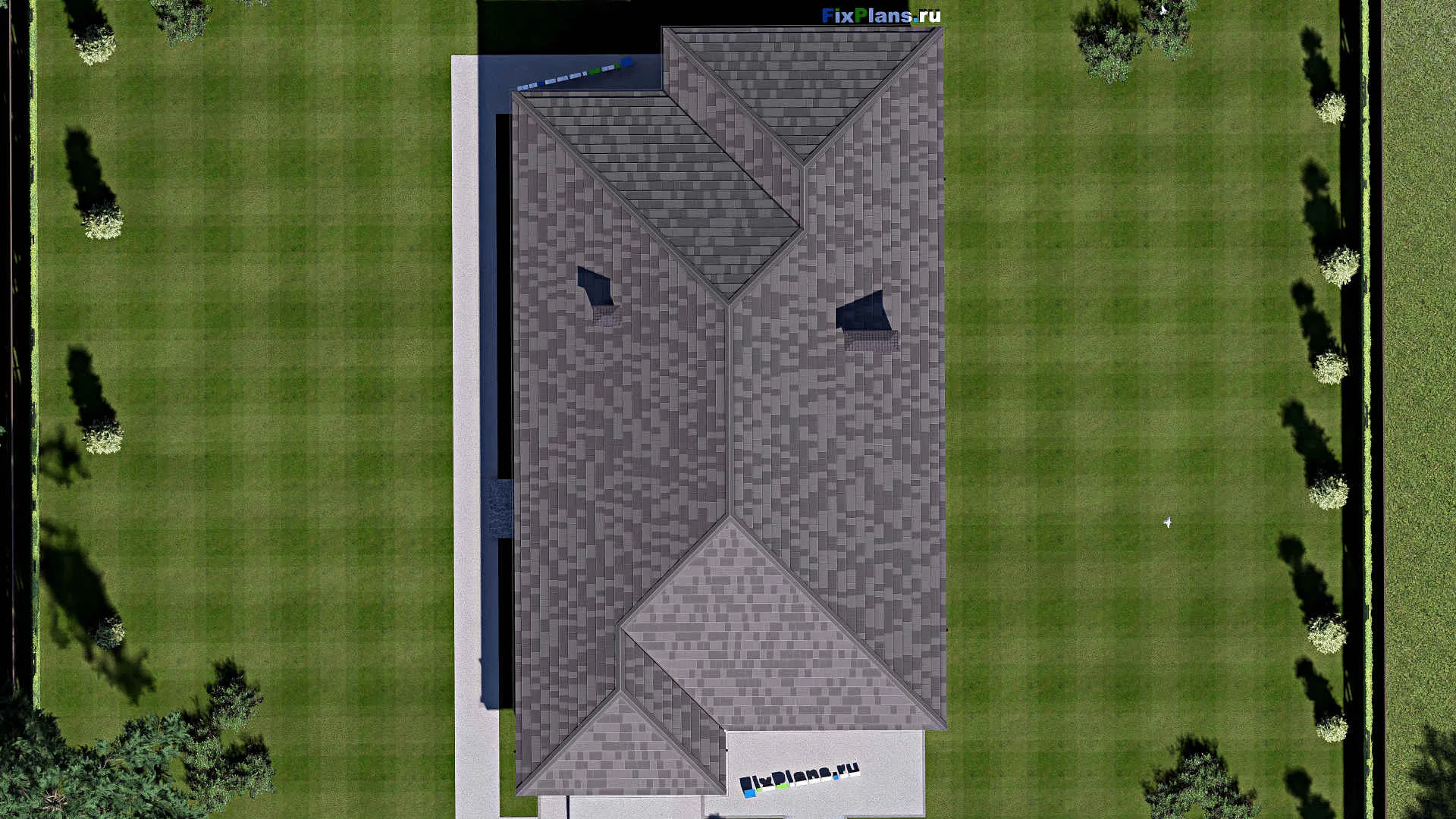 F-13193 - План одноэтажного дома 14 на 25, площадью 260 м² с террасой, гаражом на 2 машины и 3 спальнями