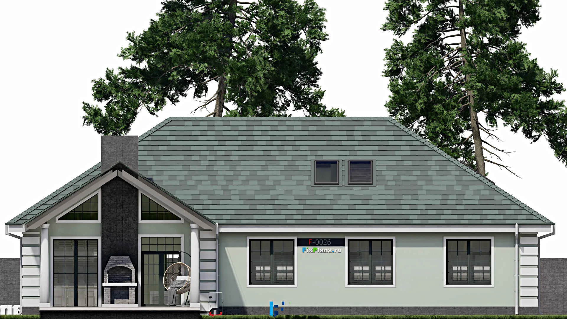 F-0026 - Проект дома с мансардой 17 на 20, площадью 330 м² с террасой, гаражом на 2 машины и 3 спальнями