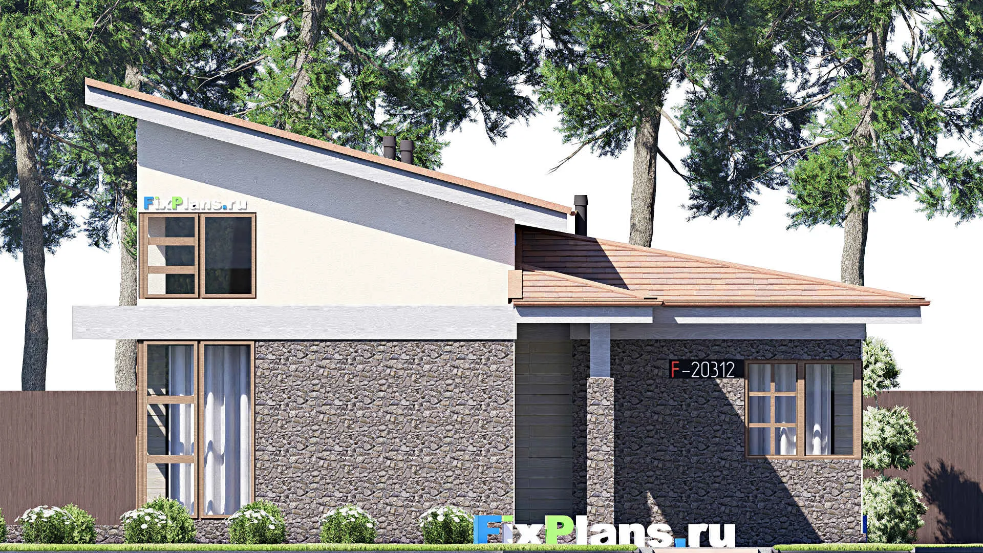 F-20312 - Проект одноэтажного дома 12 на 15, площадью 90 м² с террасой и 1 спальнями