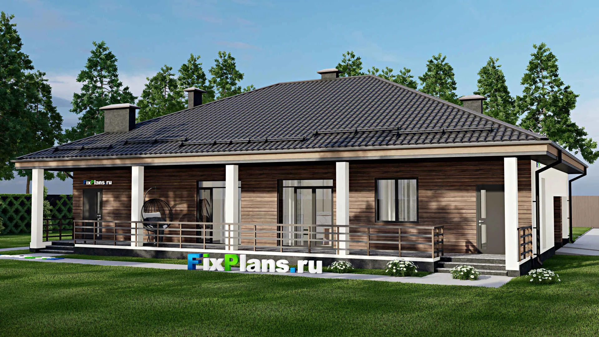 F-5984 - Проект одноэтажного дома 13 на 19, площадью 230 м² с террасой, гаражом на 2 машины и 3 спальнями