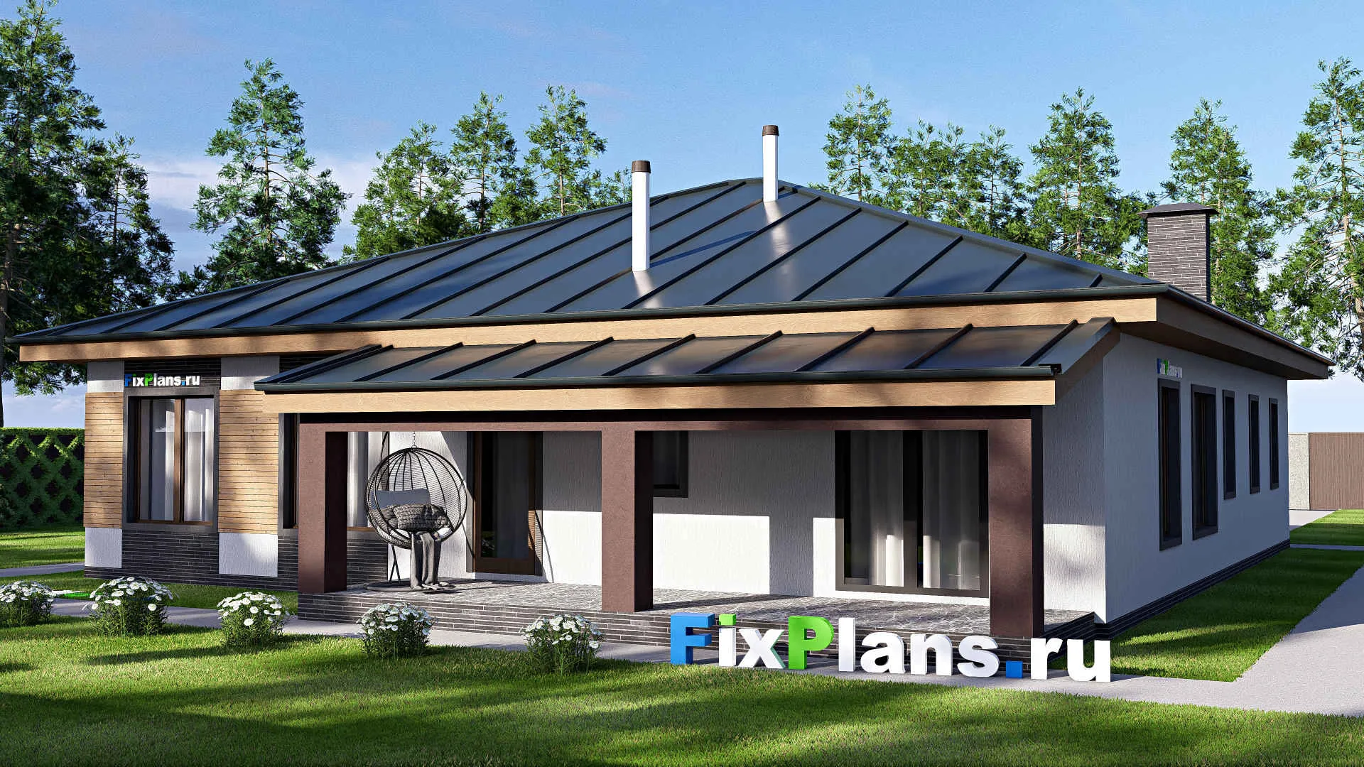 F-20483 - План одноэтажного дома 16 на 20, площадью 230 м² с террасой, гаражом на 2 машины и 3 спальнями