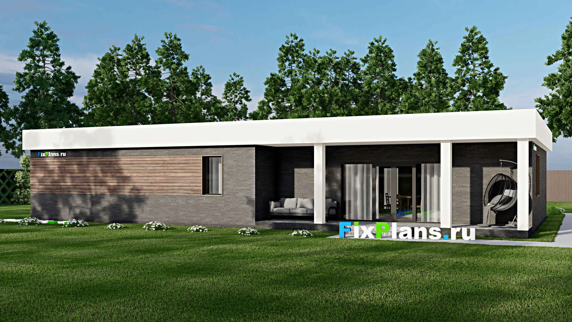 F-4976 - Проект одноэтажного дома 15 на 20, площадью 210 м² с террасой, гаражом на 2 машины и 3 спальнями