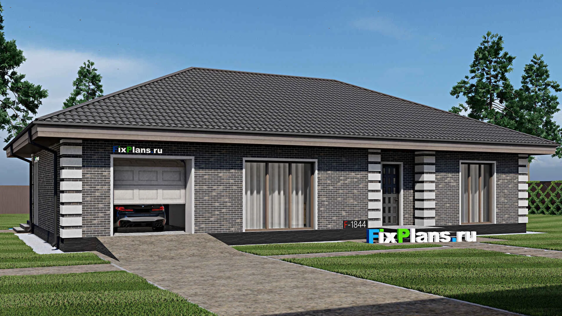 F-1844 - Проект одноэтажного дома 12 на 19, площадью 180 м² с террасой, гаражом на 1 машину и 2 спальнями