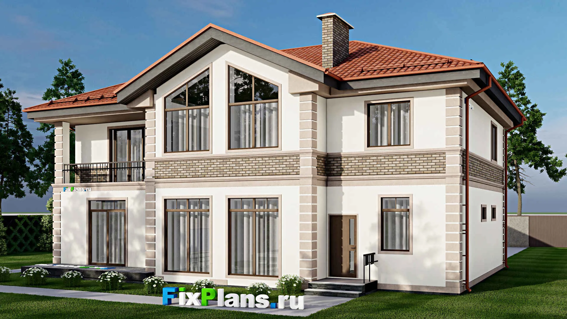 F-9701 - Проект двухэтажного дома 15 на 18, площадью 330 м² с террасой, балконом и 5 спальнями