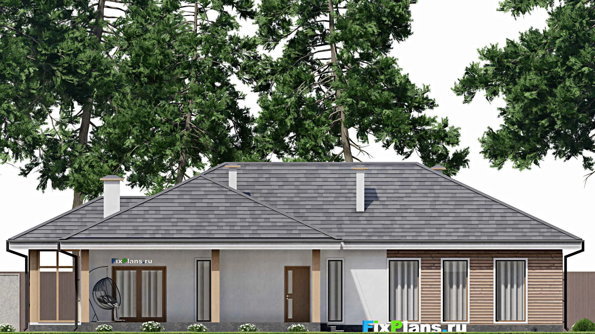 F-8450 - План одноэтажного дома 16 на 21, площадью 210 м² с террасой и 6 спальнями