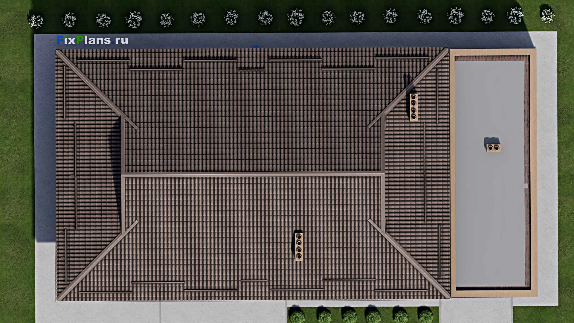 F-2681 - Проект одноэтажного дома 14 на 26, площадью 210 м² с террасой, баней и 2 спальнями