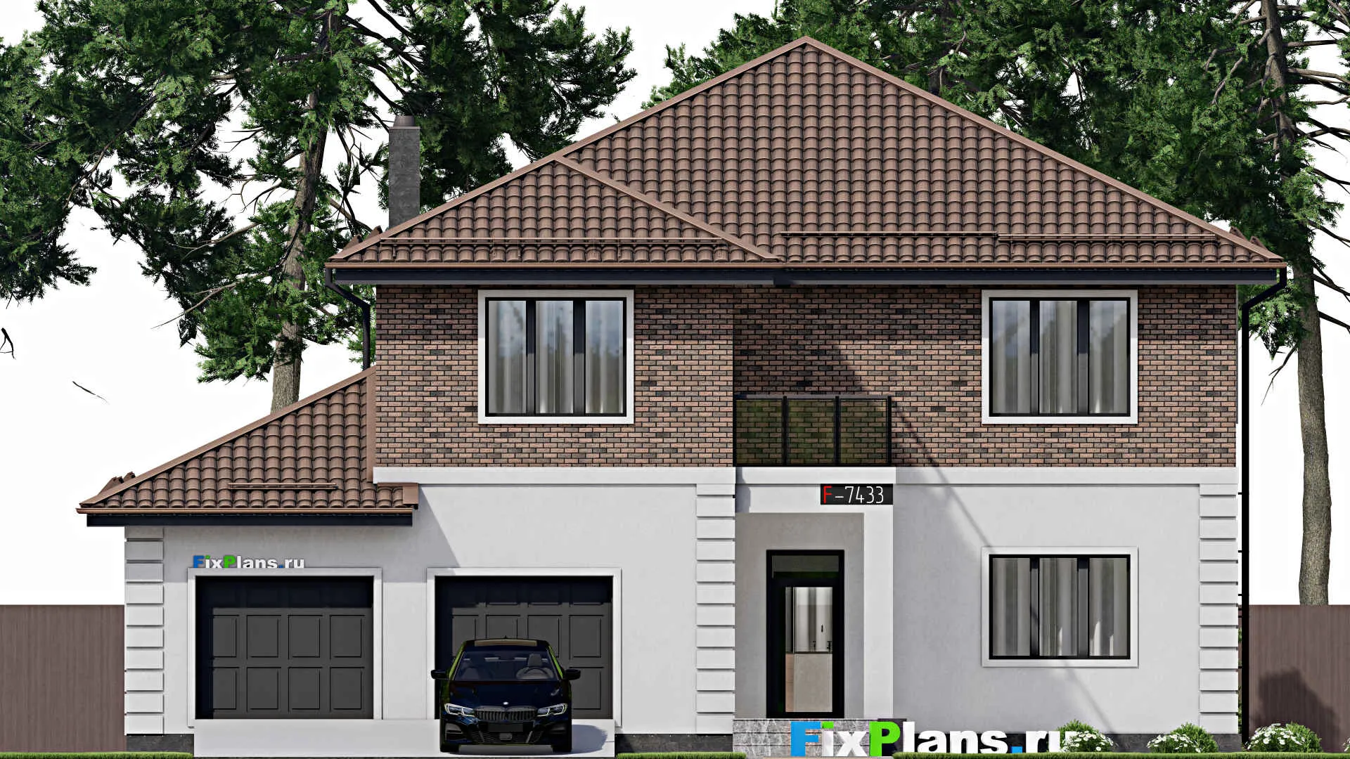 F-7433 - Планы двухэтажного дома 16 на 19, площадью 340 м² с террасой, гаражом на 2 машины и 5 спальнями