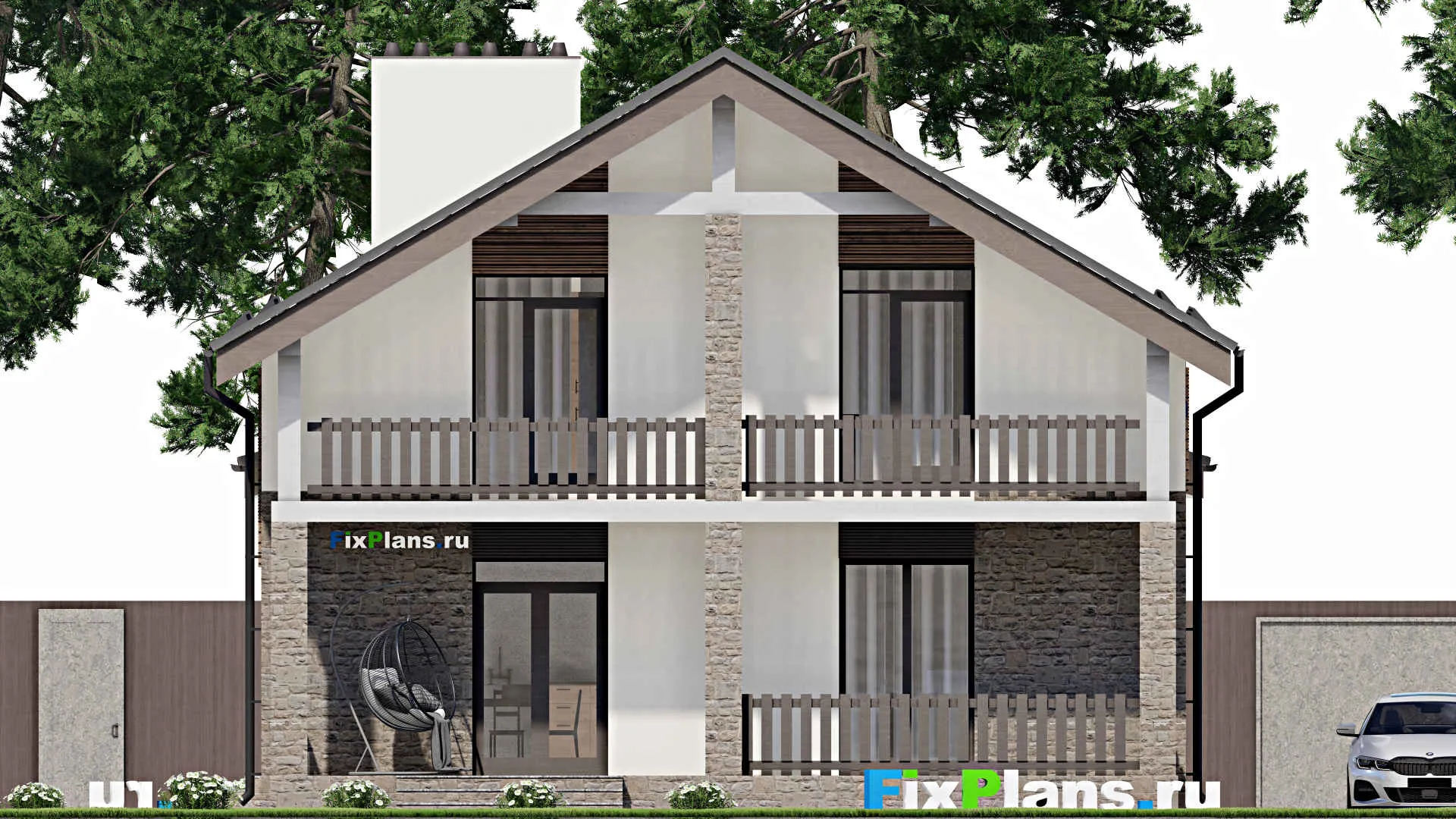 F-5975 - Проект дома с мансардой 11 на 11, площадью 210 м² с террасой, балконом и 3 спальнями