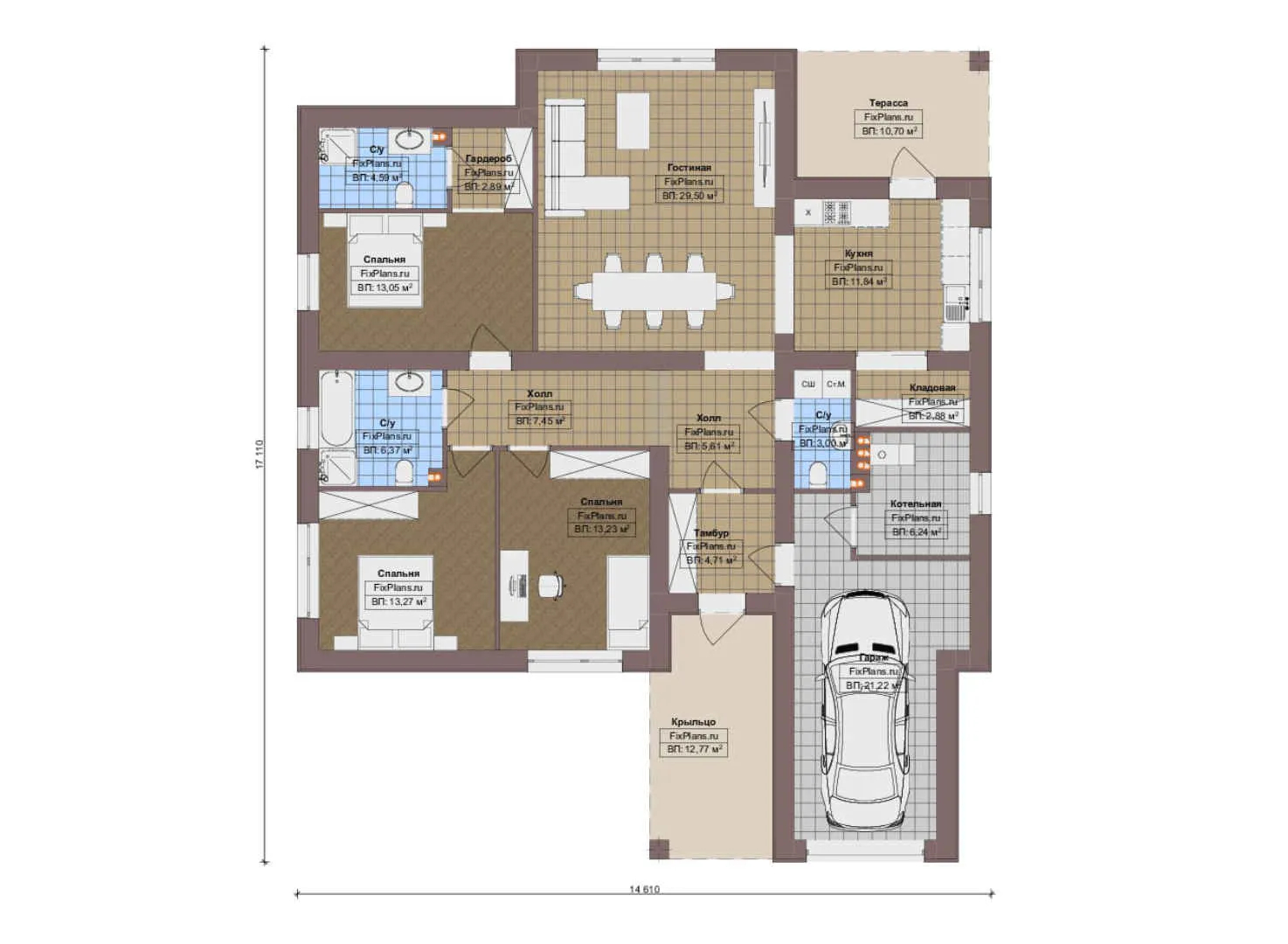 F-16100 - План одноэтажного дома 15 на 18, площадью 170 м² с террасой, гаражом на 1 машину и 3 спальнями