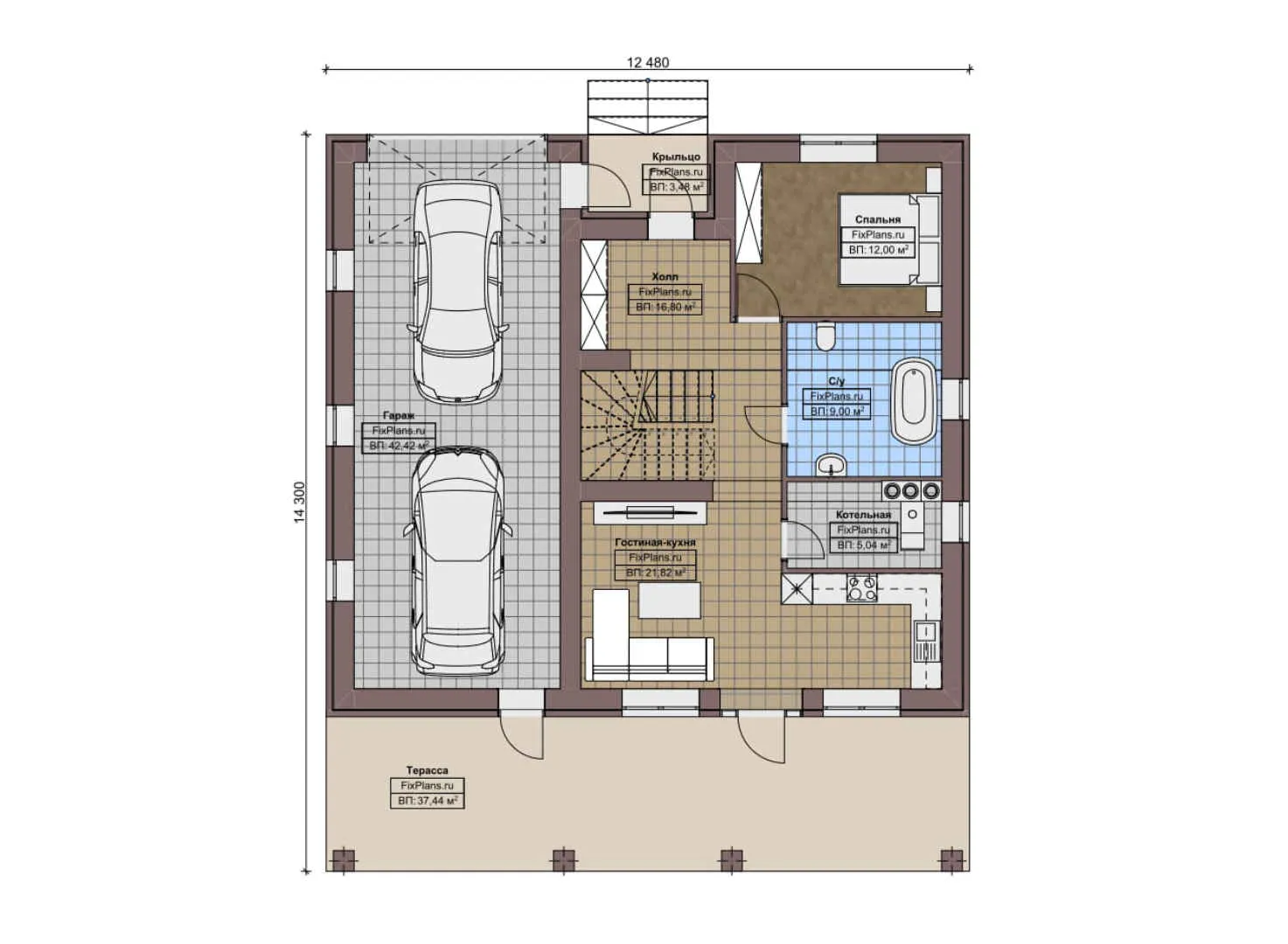 F-3032i - Планы дома с мансардой 13 на 15, площадью 210 м² с террасой, гаражом на 2 машины и 3 спальнями