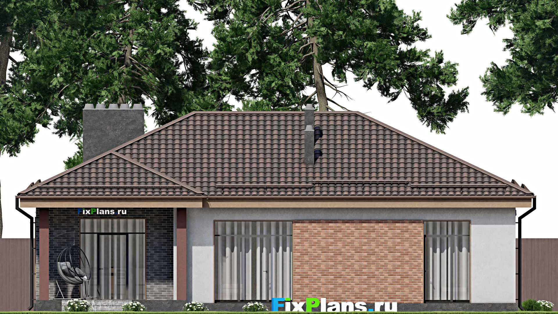 F-7469 - Проект одноэтажного дома 14 на 16, площадью 140 м² с террасой, гаражом на 1 машину и 3 спальнями