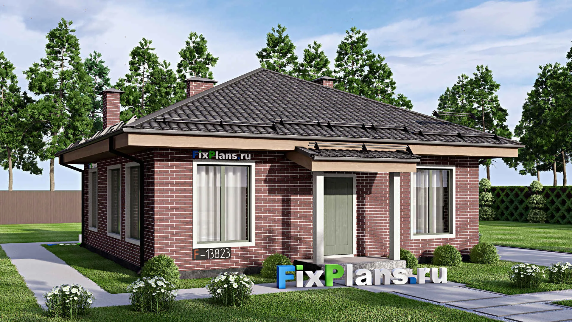 F-13823 - Проект одноэтажного дома 11 на 12, площадью 90 м² с 2 спальнями