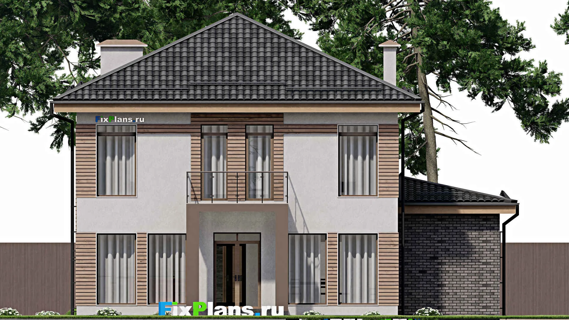 F-8522 - Проект двухэтажного дома 14 на 16, площадью 230 м² с террасой, балконом, гаражом на 1 машину и 5 спальнями