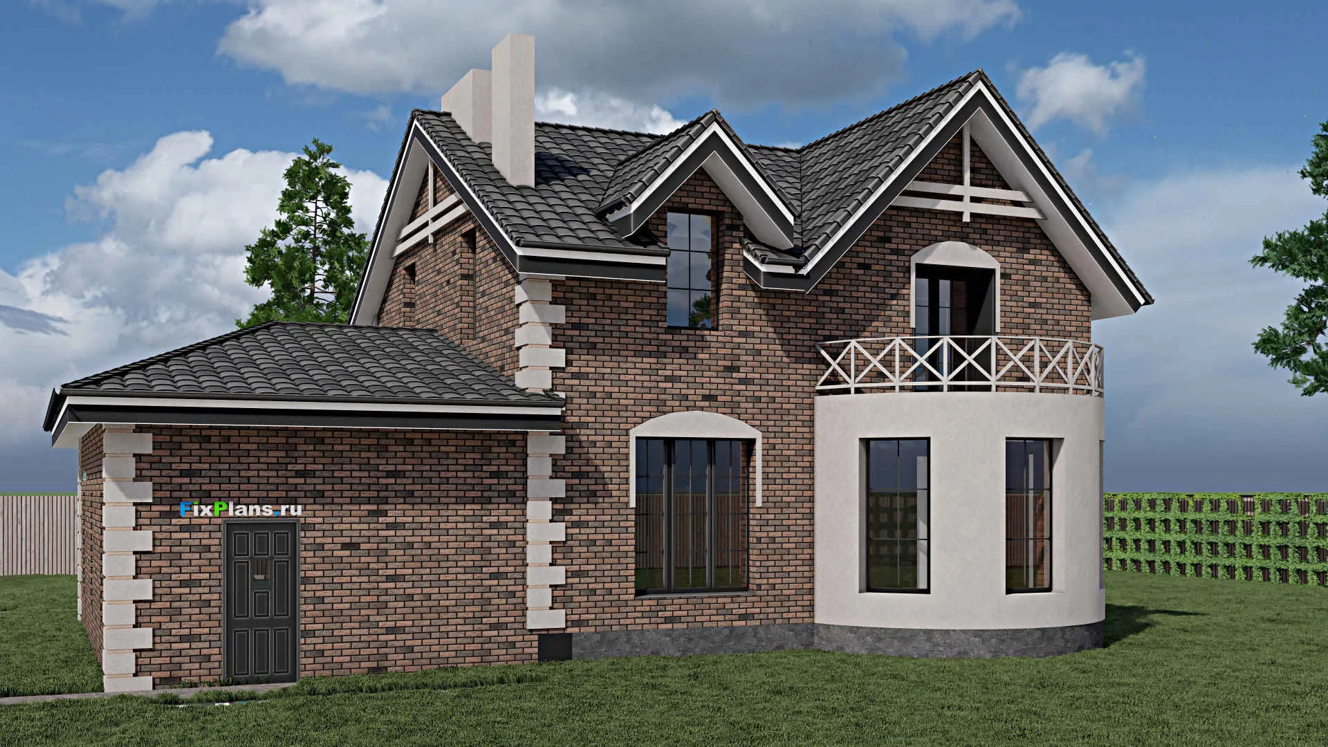 F-0890 - Планы дома с мансардой 15 на 16, площадью 210 м² с балконом, гаражом на 1 машину и 4 спальнями