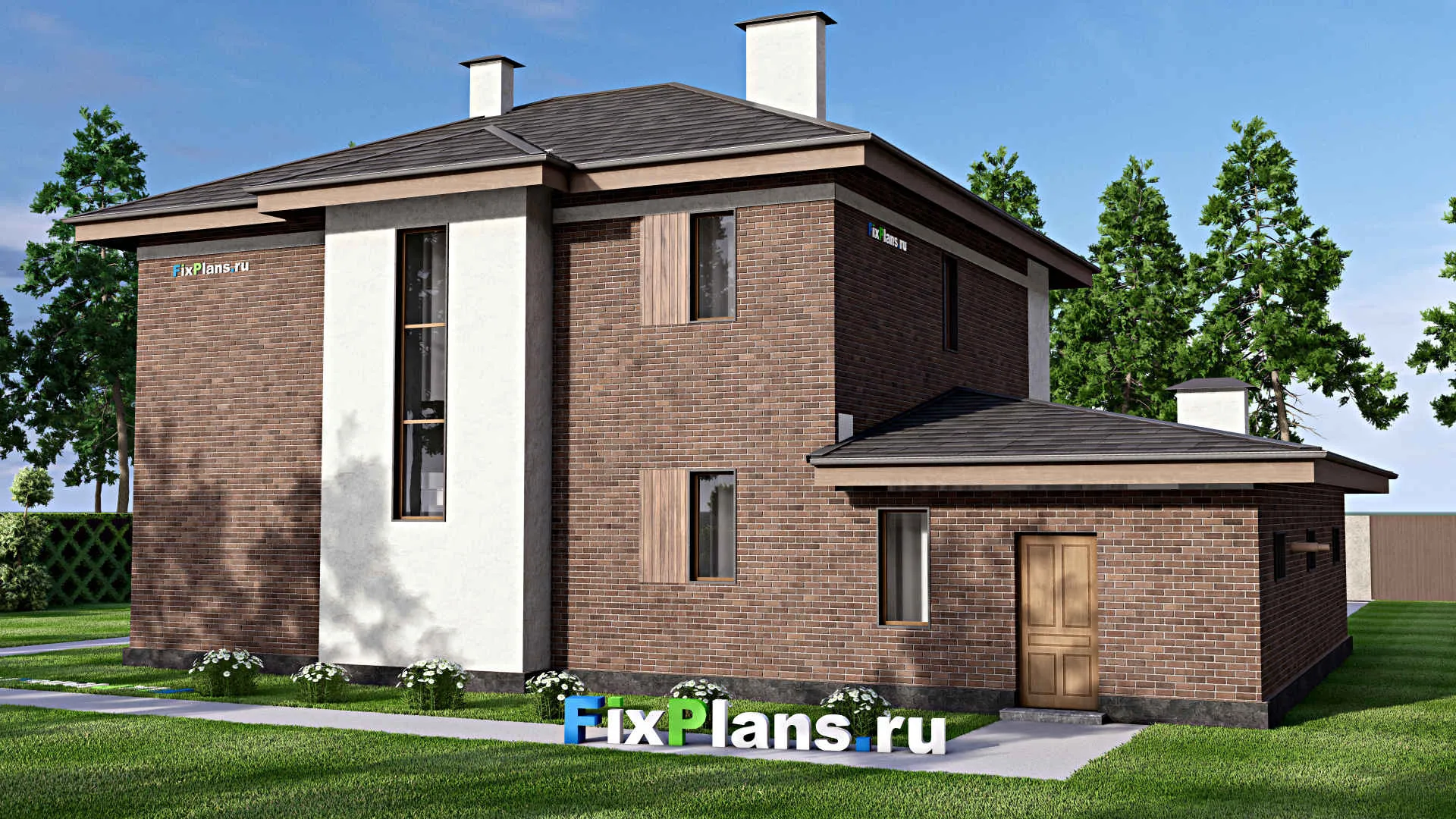 F-14633 - Проект двухэтажного дома 14 на 20, площадью 250 м² с террасой, баней, гаражом на 1 машину и 4 спальнями