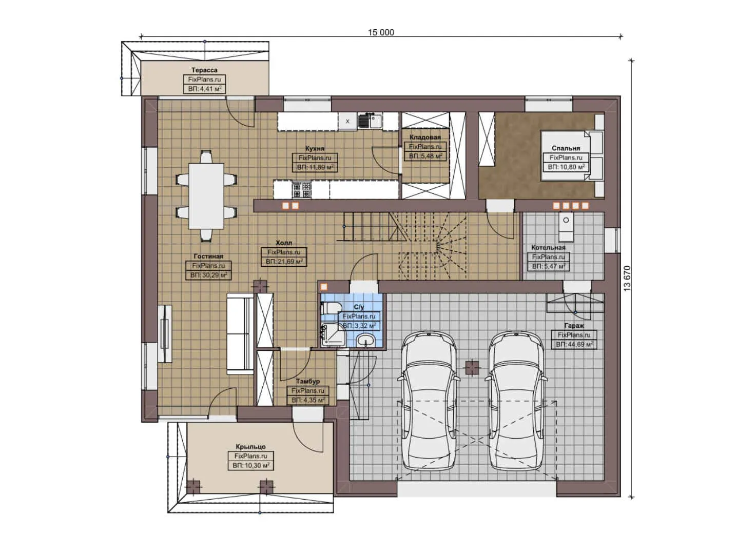 F-8594 - Планы двухэтажного дома 13 на 17, площадью 300 м² с террасой, балконом, гаражом на 2 машины и 4 спальнями