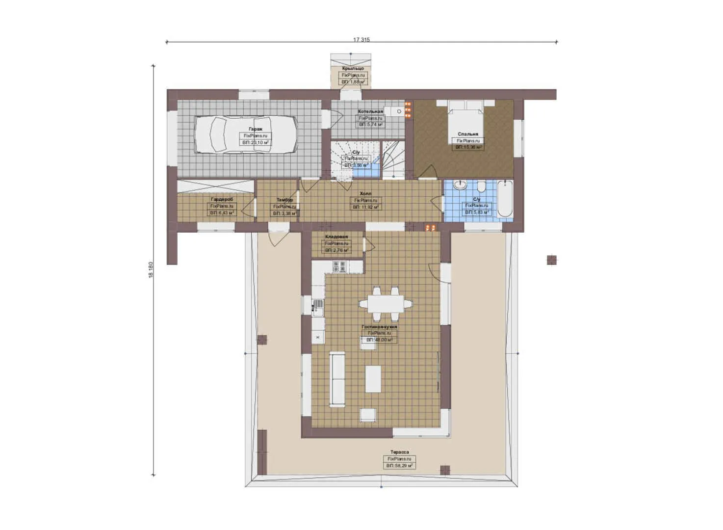 F-15029 - Планы двухэтажного дома 18 на 19, площадью 380 м² с террасой, балконом, гаражом на 1 машину и 4 спальнями