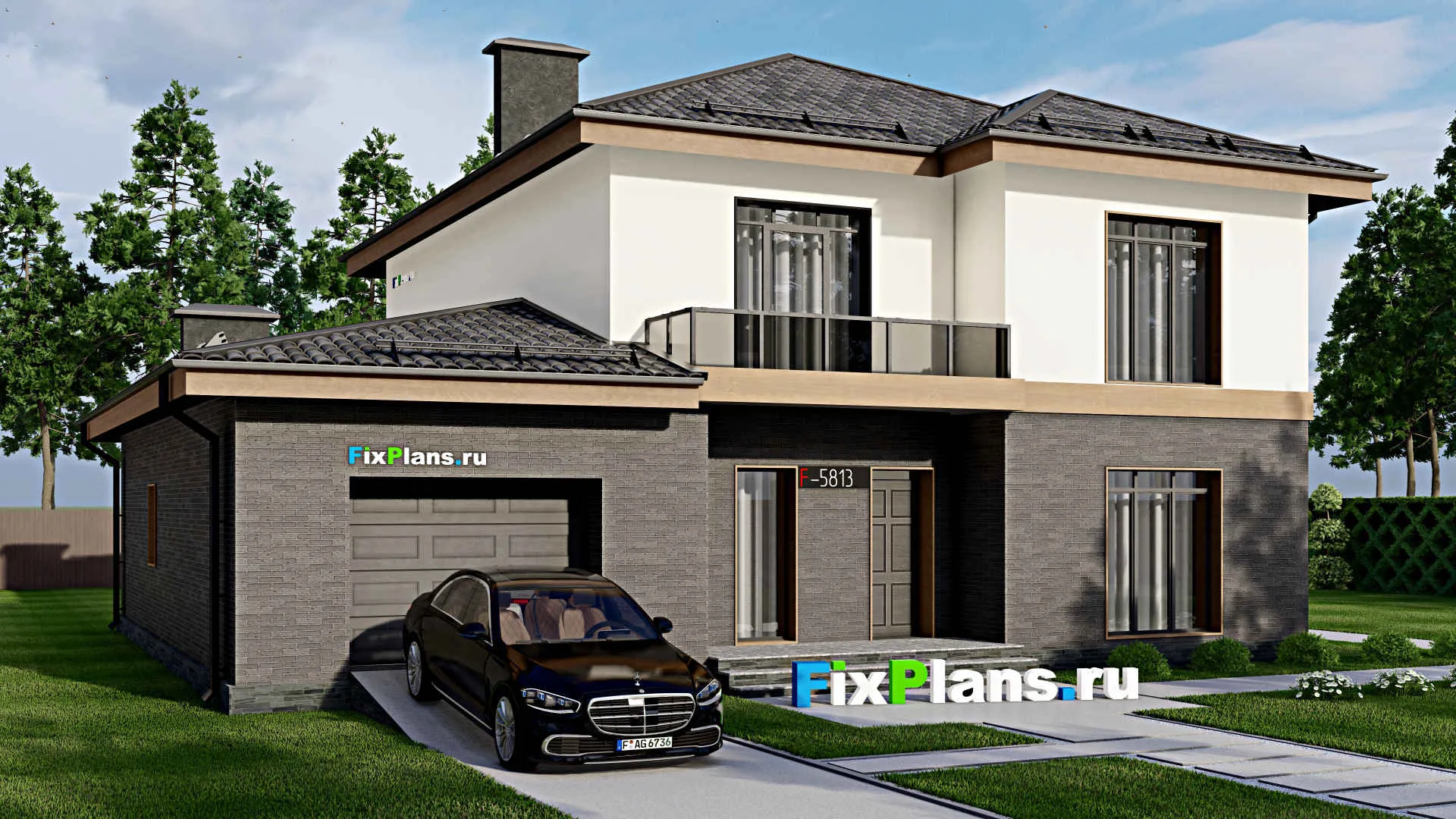 F-5813 - Проект двухэтажного дома 13 на 15, площадью 270 м² с террасой, балконом, гаражом на 2 машины и 5 спальнями