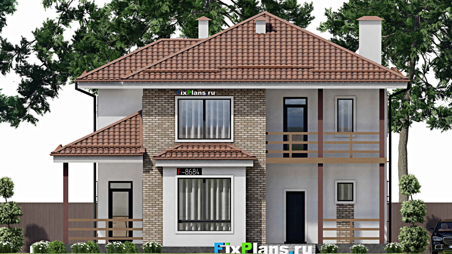 F-8684 - Планы двухэтажного дома 12 на 14, площадью 220 м² с террасой, балконом и 4 спальнями