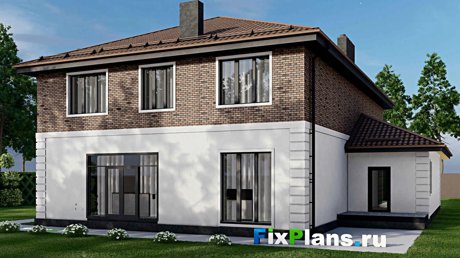 F-7433 - Планы двухэтажного дома 16 на 19, площадью 340 м² с террасой, гаражом на 2 машины и 5 спальнями