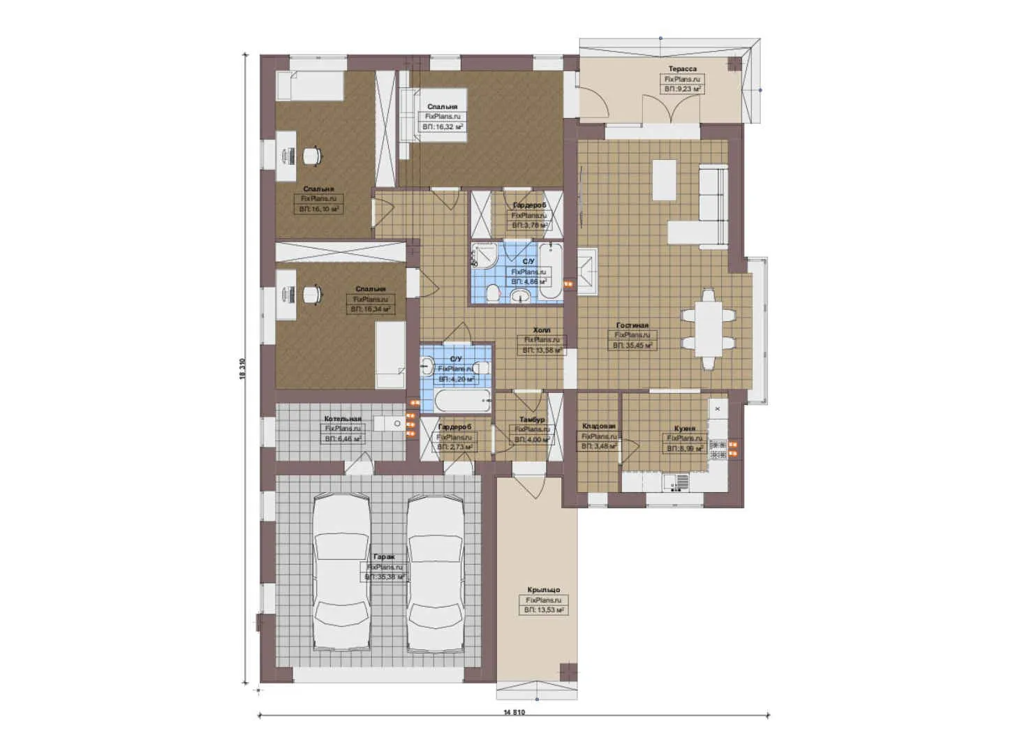 F-18224 - План одноэтажного дома 15 на 19, площадью 200 м² с террасой, гаражом на 2 машины и 3 спальнями