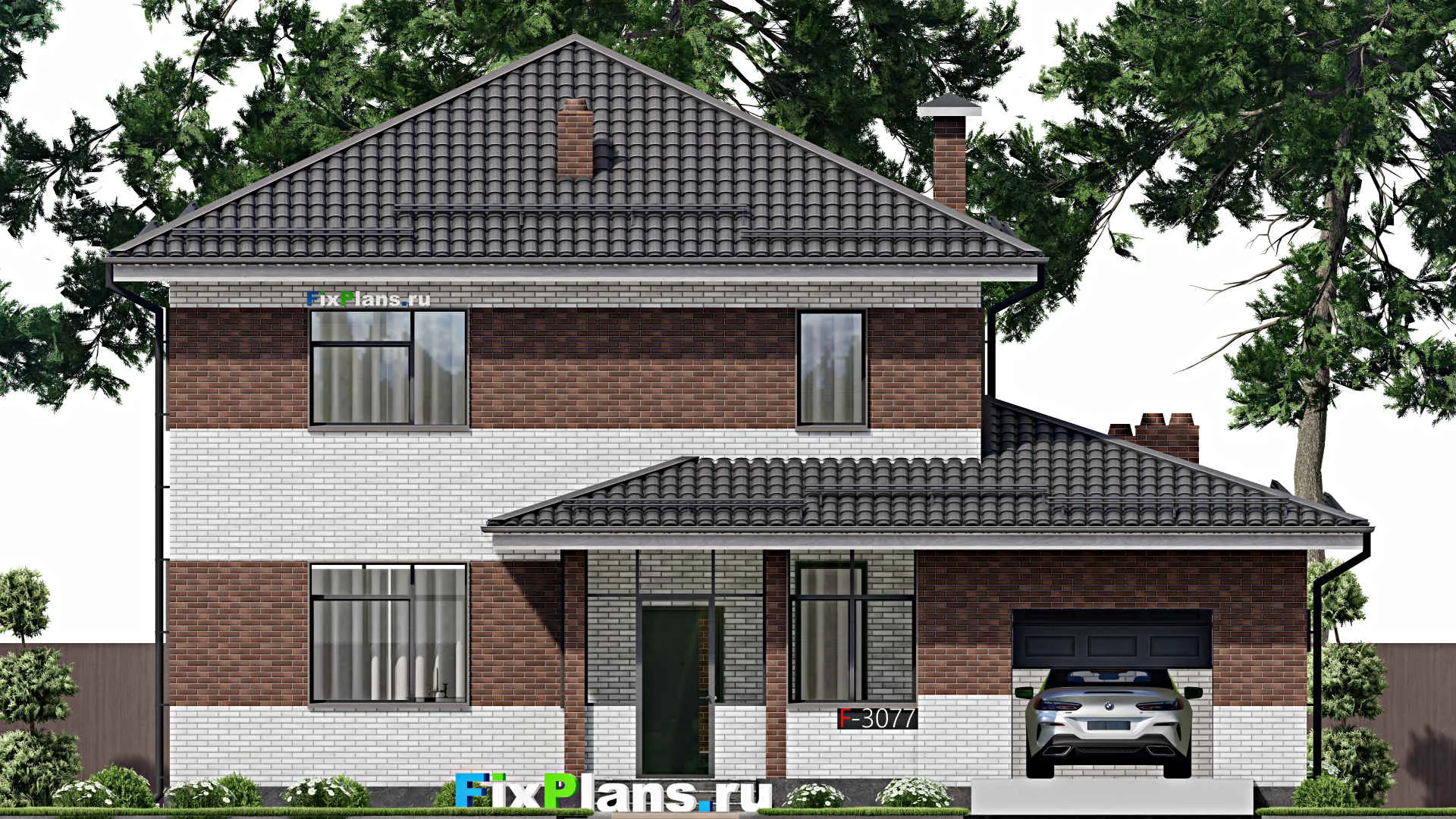 F-3077 - Проект двухэтажного дома 12 на 15, площадью 180 м² с гаражом на 1 машину и 4 спальнями