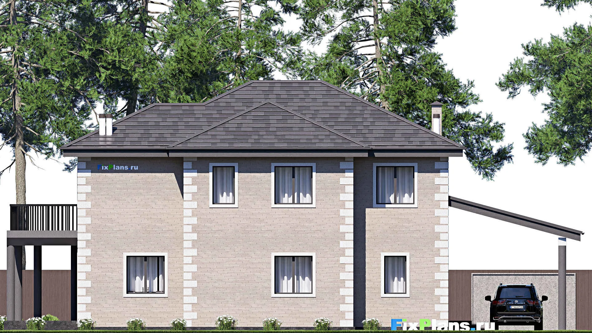 F-20519 - Проект двухэтажного дома 14 на 18, площадью 250 м² с террасой, балконом и 5 спальнями