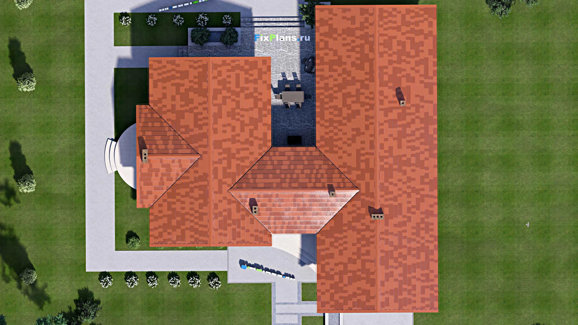 F-15893 - Проект одноэтажного дома 21 на 23, площадью 300 м² с террасой, гаражом на 1 машину и 3 спальнями