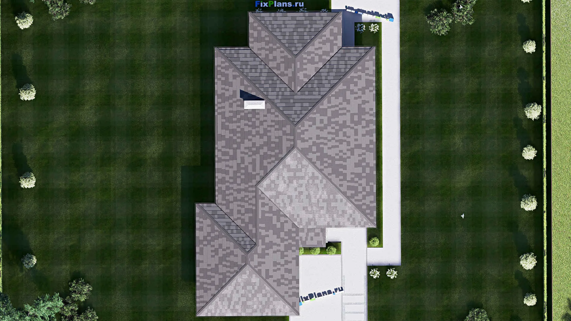 F-18728 - Проект одноэтажного дома 14 на 24, площадью 200 м² с террасой, гаражом на 2 машины и 3 спальнями