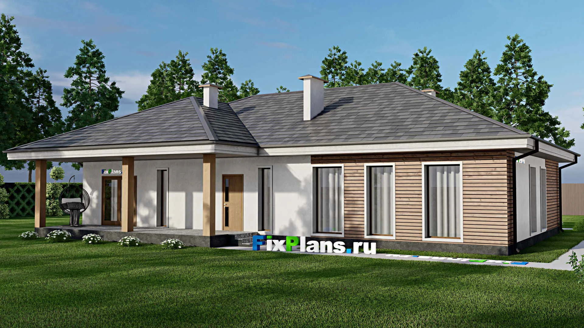 F-8450 - План одноэтажного дома 16 на 21, площадью 210 м² с террасой и 6 спальнями