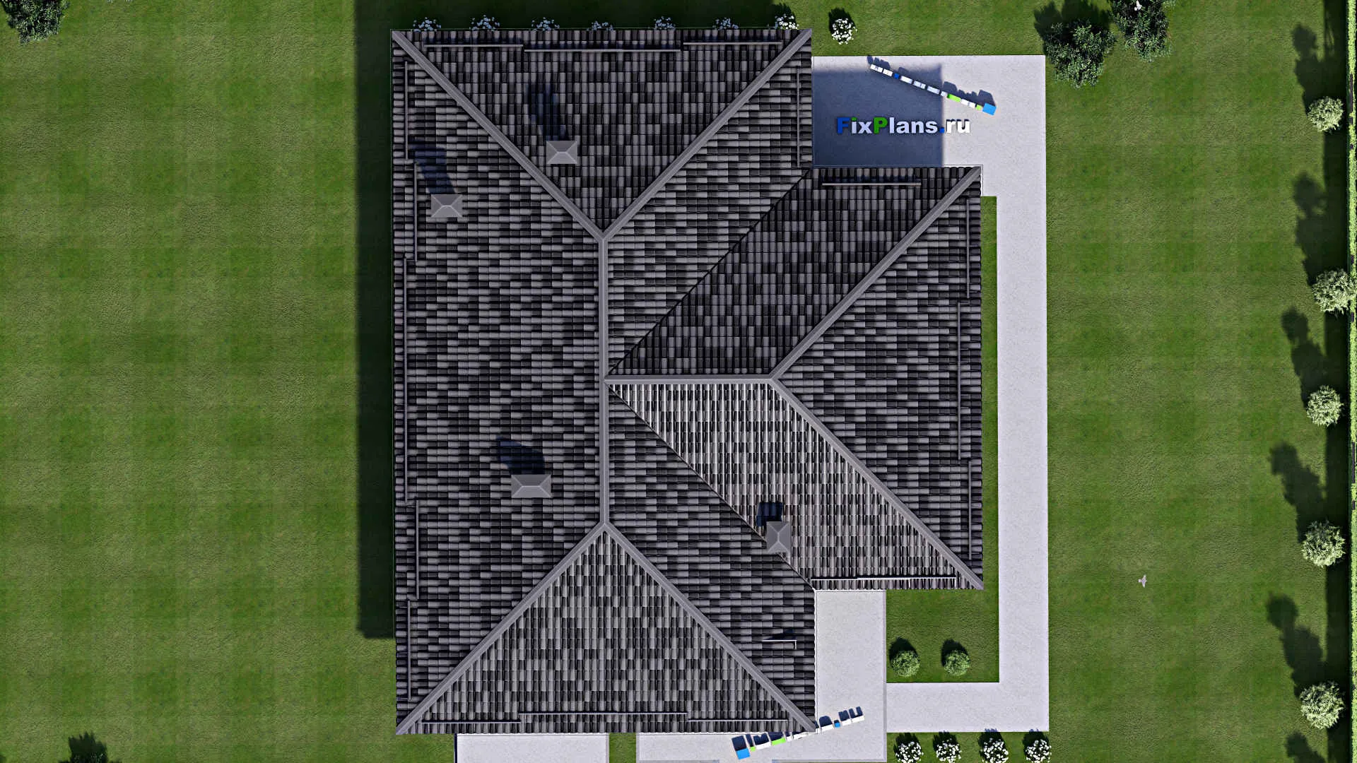 F-13481 - Проект одноэтажного дома 17 на 20, площадью 230 м² с террасой, гаражом на 2 машины и 3 спальнями